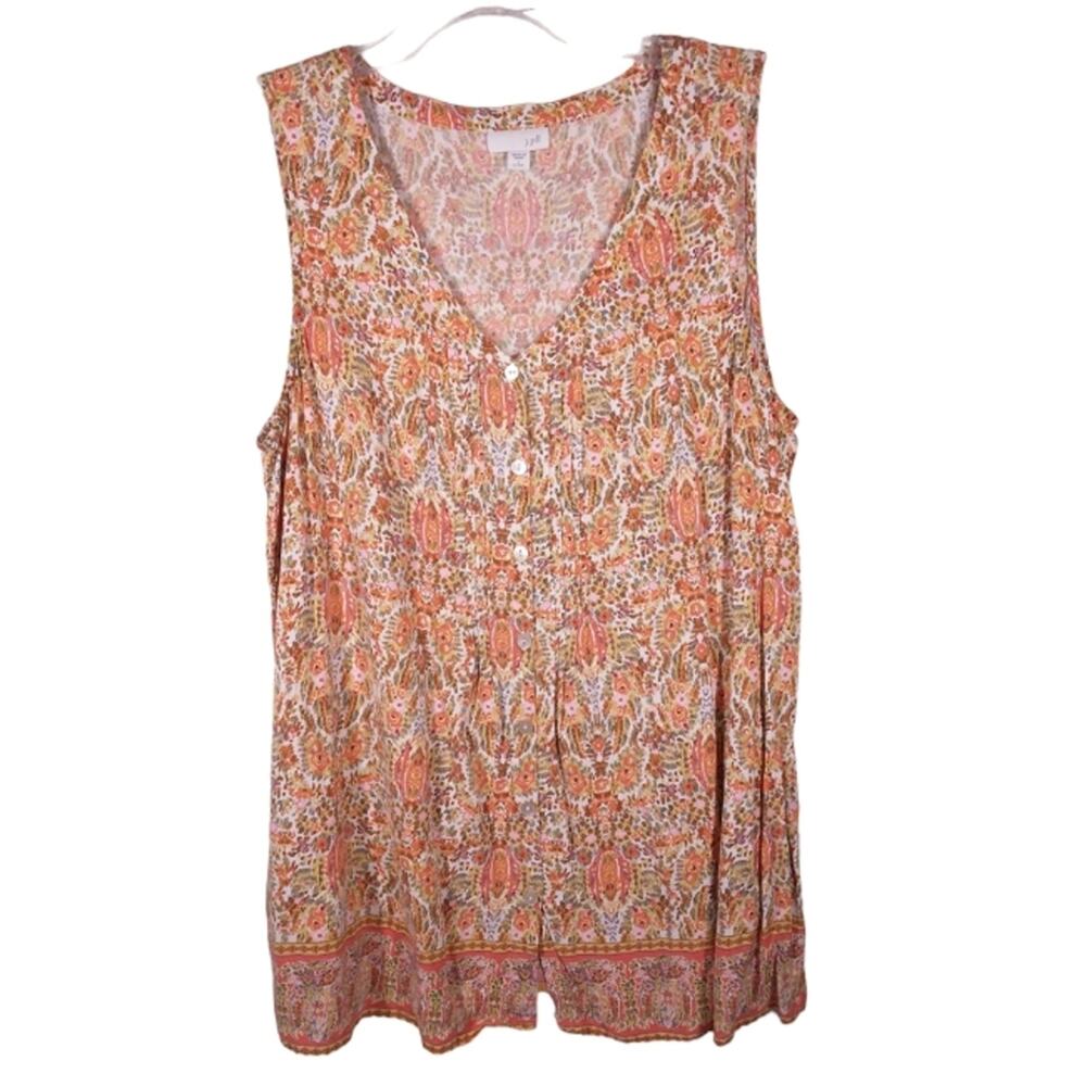 J Jill Floral Boho Sleeveless Button Down Shirt Orange size Large Petite